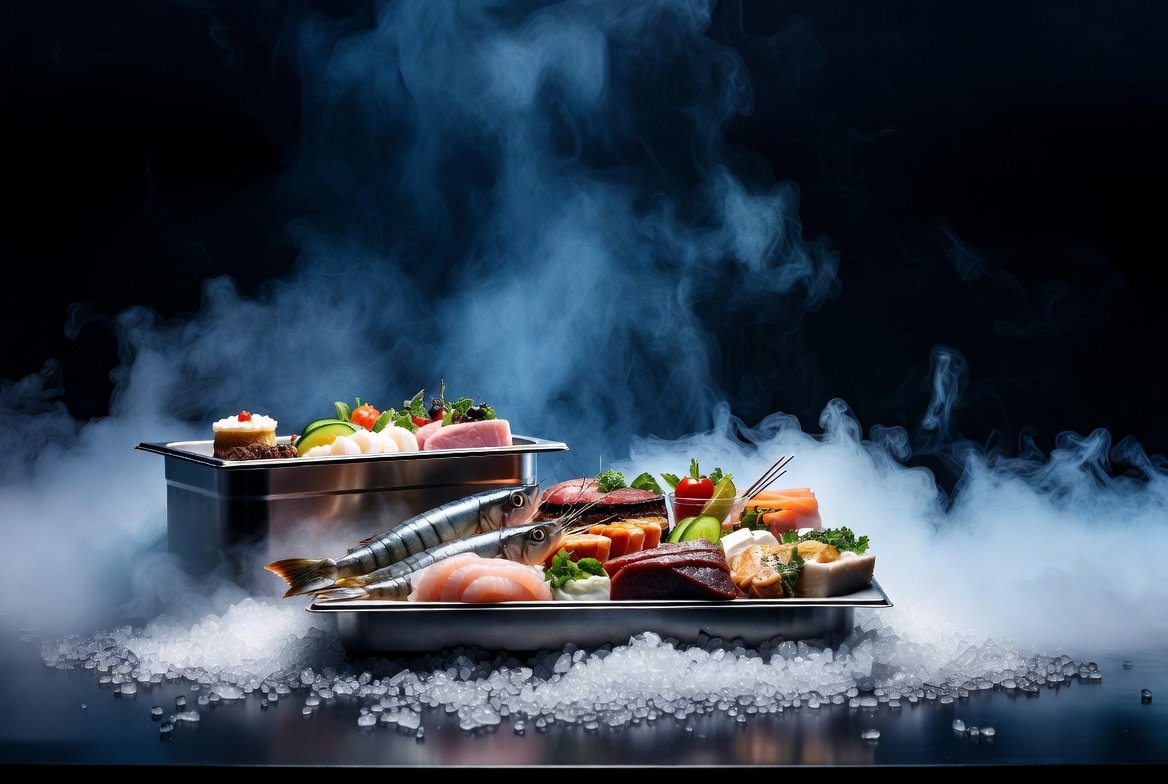 Dry ice cooling for food and catering displays